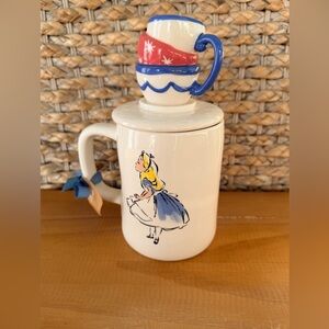 NWT Rae Dunn Disney MAD TEA PARTY Double Sided Alice In Wonderland TOPPER Mug